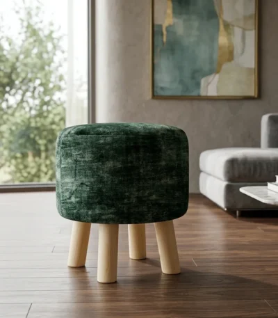 Round Wooden Stool Green Velvet
