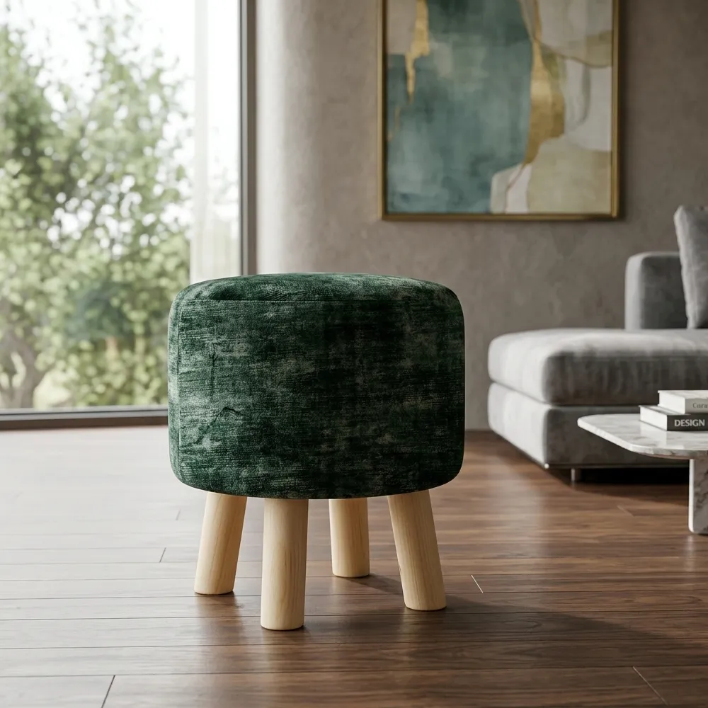 Round Wooden Stool Green Velvet