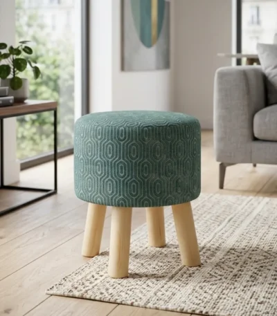 Round Wooden Stool Teal Pattern