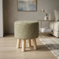 Textured Beige Round Stool Decorative Wooden Seat
