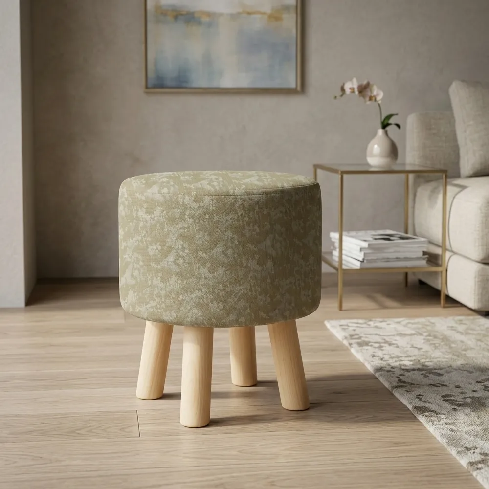 Textured Beige Round Stool Decorative Wooden Seat